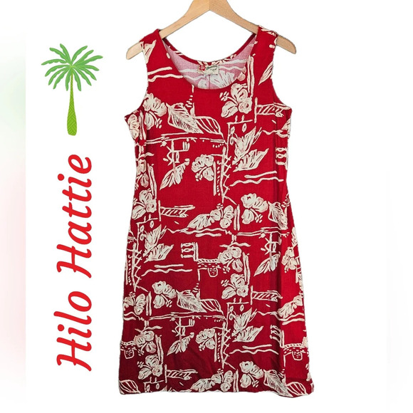 Vintage 1990's Hilo Hattie Womens Midi Dress Sz L Red & White Tropical - Picture 1 of 9